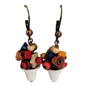 Czech Colorful Wood Beads, White Bell Lever Back Ear Hooks Dangle Earrings, M918